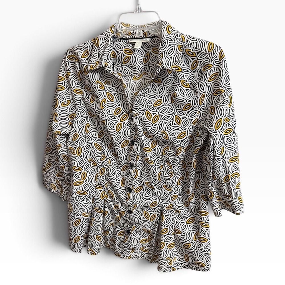 Dana Buchman Blouse Womens L Black Yellow Leaf Print Peplum Professional Top